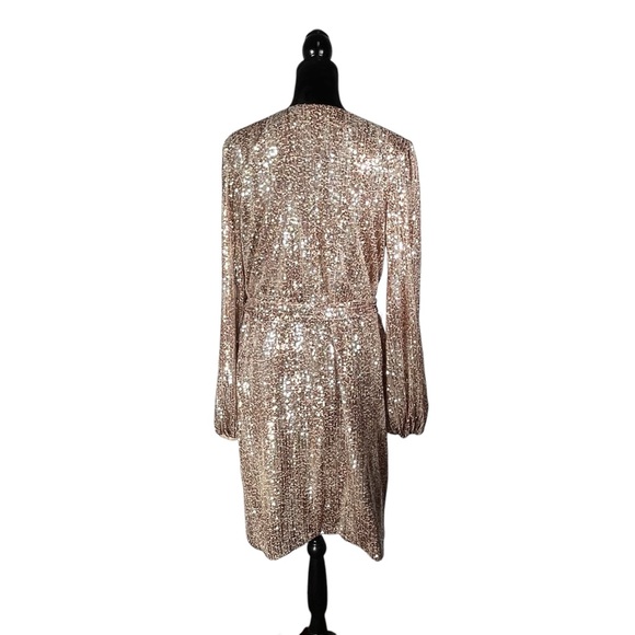 Venus Beige Sequin Cocktail Dress Faux Wrap Tan Metallic V-Neck Balloon Sleeves - Picture 13 of 17